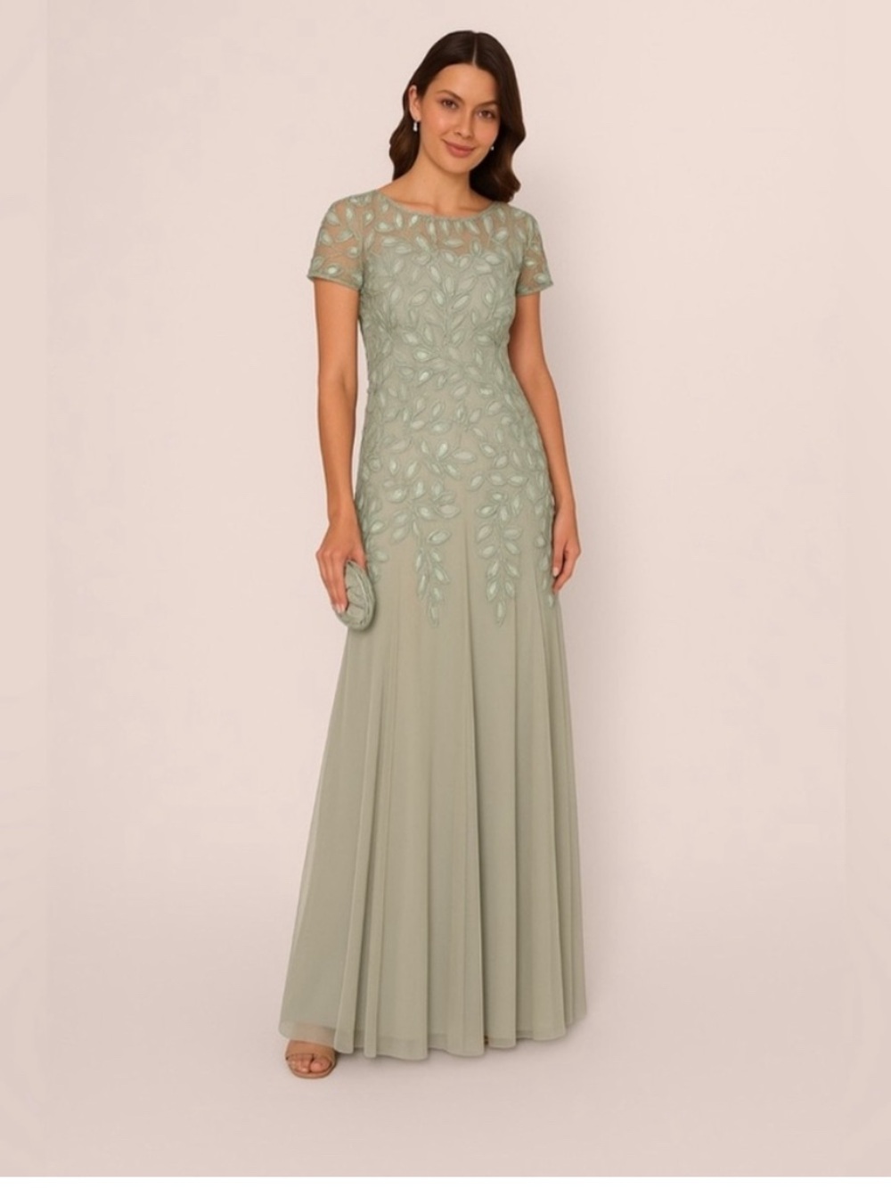 Adrianna Papell Dress SZ 0 Sage Green Beaded Sequin Gown Formal Evening NWT MOB